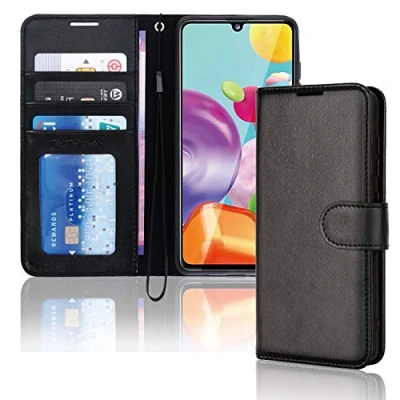Image de TECHGEAR Coque Galaxy A41 Étui Portefeuille en Cuir, Housse avec Rabat de Protection, Fentes pour Cartes, Béquille et Dragonne, Stand Fonction, Faux Cuir PU Compatible Samsung [Noir]