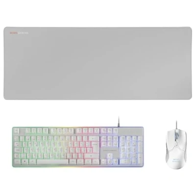 Image de Mars Gaming MCPXWES, Combo Clavier H Mech FRGB, Souris Ultralégère 10000DPI et Tapis de XXL, Blanc, Langue Espagnole