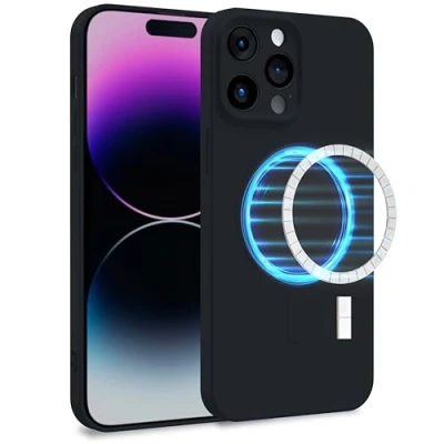 Image de MyGadget Coque Silicone [ Compatible avec MagSafe ] Apple iPhone 14 Pro Max Case TPU Souple &amp; Soft Doublure Microfibre Cover Protection Noir