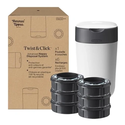 Image de Tommee Tippee Poubelle à Couches Avancée Twist &amp; Click Starter Set, 1x Lot de 6 Recharges avec Greenfilm Antibactérien, Blanc 85201913
