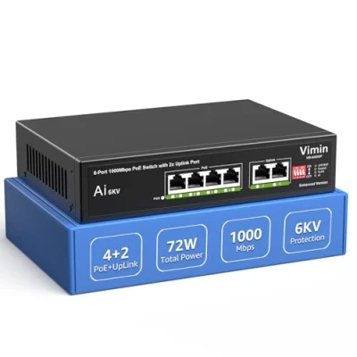 Image de Switch Gigabit PoE 6 Ports avec 4 PoE, VIMIN Réseau Non Géré 10/100/1000Mbps 2 Uplink, AI Watchdog, VLAN, Extension 250m, Supporte IEEE802.3af/at