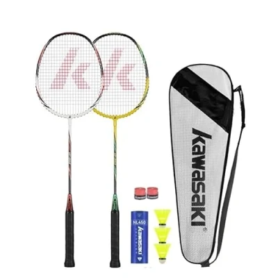 Image de Kawasaki Badminton Raquette de Racket Professionnelle avec 3 balles Badminton, 1 Sac 2 Raquettes Ballon pour entraînement, Vert/Jaune/blancrouge