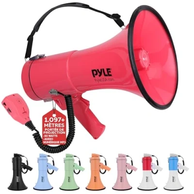Image de Pyle Mégaphone 50W Haut Parleur Portable avec Sirène Intégrée, Enregistrement, Bluetooth et AUX Batterie Rechargeable, Porte Voix Micro Bandoulière