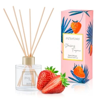 Image de Diffuseur de Parfum 100ml Fraise,Diffuseur Maison avec 6 Bâtonnets en Fibre,Batonnets pour Chambre,Salon,Salle Bain,étagère,Bureau