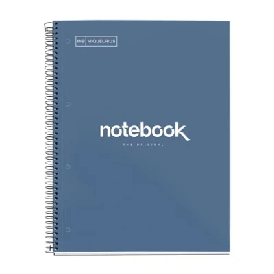 Image de Miquelrius Cahier A4 Carnet de Notes Emotions, 80 Feuilles 90 g/m², Grille 5 x mm, 1 Bande couleur, Spirale microperforée, Couverture extra dure, 4 Trous, Couleur Bleu marine