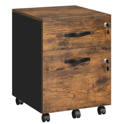Image de VASAGLE Caisson de Bureau à roulettes, Verrouillable, avec 2 Tiroirs, 5 Barre Suspension Réglables, pour Dossiers Suspendus au Format A4, Marron Rustique et Noir d&#039;encre LCD022K01
