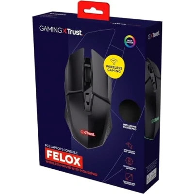 Image de Trust Gaming GXT 112 Felox Souris Gamer sans Fil Rechargeable et Tapis de Souris, 80 Heures d&#039;autonomie, 800 4800 PPP, Éclairage LED, 6 Boutons, pour PC, Ordinateur, Windows Noir
