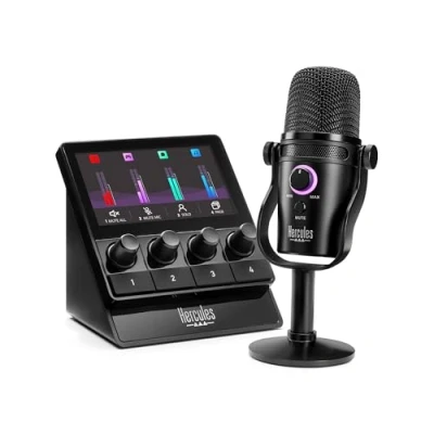 Image de Hercules Stream Starter Kit audio pour le streaming avec contrôleur 100, microphone USB HUD 600 et 3 mois de Voicemod Pro