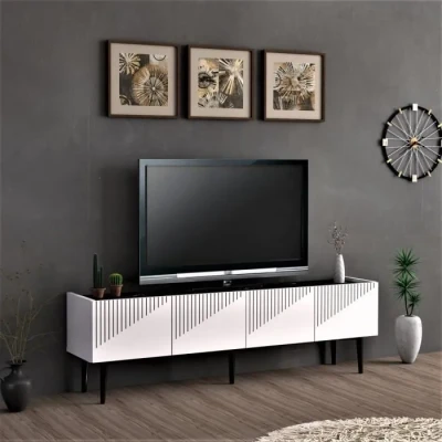 Image de [en.casa] Meuble TV pour Salon à 2 Portes Banc avec Compartiment de Rangement Support Télé Panneau Particules Plastique 45 x 154 37 cm Blanc Marbre Noir