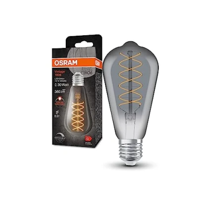 Image de OSRAM Lampe LED Vintage 1906 avec teinte fumée, 7,8W, 360lm, forme Edison 64 mm de diamètre et socket E27, couleur lumière blanche chaude, filament en spirale, dimmable durée vie