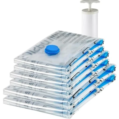 Image de Amazon Basics fermeture éclair housses de rangement sous vide avec pompe manuelle, Lot 6, Plusieurs (2 jumbo, 2 L, M taille), Clair, Bleu