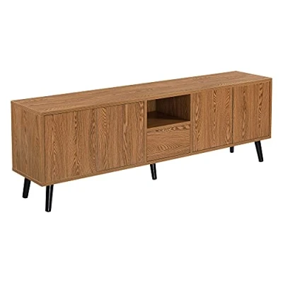 Image de [en.casa] Meuble TV Design à 5 Portes Ouverture Touche Lâche Support Télé Banc avec Compartiments de Stockage Panneau Particules et Bois Massif 140 x 30 46 cm Effet Foncé