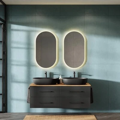 Image de Planetmöbel LUX Meuble de salle bain avec lavabo 140 cm, 2 lavabos à poser 60 cm noir, miroirs 50 (sans LED), chêne doré/anthracite