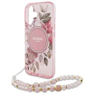 Image de Étui Guess pour iPhone 16 6.1 rose noir étui IML Flowers With Pearl Strap MagSafe Neuf