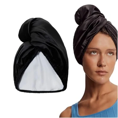 Image de GLOV Serviette Cheveux Microfibres Super Absorbante à Séchage Rapide pour Bouclés, Turban Double Couche Satin et Microfibre, Idéal Plopping Curl Taille Universelle (Noir)