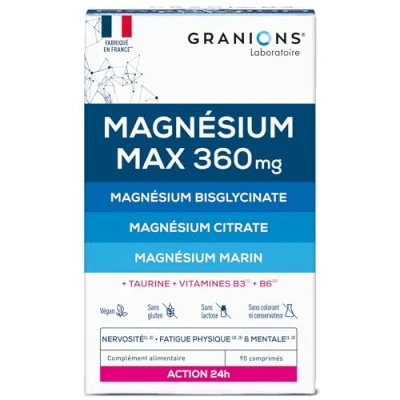 Image de GRANIONS Magnesium MAX 360 Bisglycinate, Marin, Citrate de Complement Alimentaire Anti Stress Vitamine B6, Fatigue Action 24H 90 comprimés 1 MOIS