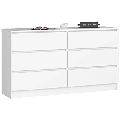 Image de AKORD Commode K 140 avec 6 Tiroirs Classique pour La Chambre, Salon Meuble de Rangement L138 x H77 P40 cm, Poids 51 kg Blanc