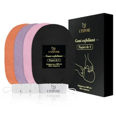 Image de L’Exfose 4x Gant Exfoliant Corps de Crin Kessa Gommage et Visage en Viscose Naturelle Élimine les Cellules Mortes la peau Hydrate Sensation Spa Agréable Sans Savon Noir