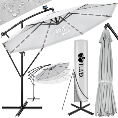 Image de tillvex Parasol déporté LED solaire hexagonale 3M avec manivelle Pare soleil pied Protection UV en aluminium pour le jardin à marché déperlant