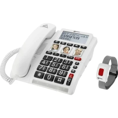 Image de Geemarc CL610 Téléphone Filaire d’Appel d’Urgence et Son Bracelet SOS Étanche avec Volume Amplifié Touches Photo Personnalisables Idéal pour Personnes Âgées Vivant Seules Malentendants