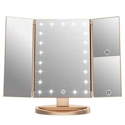 Image de WEILY Miroir de Maquillage, 1x / 2X 3X Maquillage à Trois Volets avec 21 lumières LED et réglable écran Tactile Miroirs comptoir cosmétiques (Or)