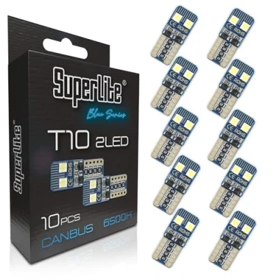 Image de Superlite Jeu de 10 ampoules T10 à 4 LED la gamme Blue Series. Technologie CanBus et température couleur 6500K. Idéal pour les voitures camions.