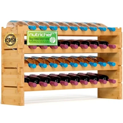 Image de Nutrichef Casier à Bouteilles Range Vin Empilable en Bambou, 4 Niveaux Rangement Bouteille Autoportant pour Le Sol, Assemblage sans Outils