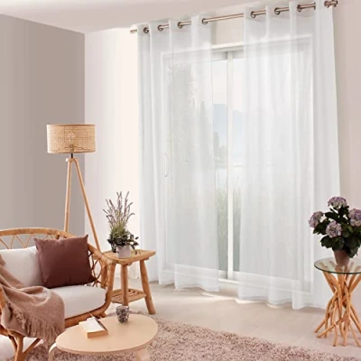 Image de Rideau Voilage Ajourés avec Œillets, 140x240cm, Blanc, 100% Polyester, Tissu Certifié Oeko TEX, Collection Jelly, ED ENJOY HOME