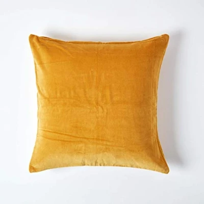 Image de HOMESCAPES Housse de Coussin en Velours carrée 100% Coton uni Jaune Moutarde, 40 x cm