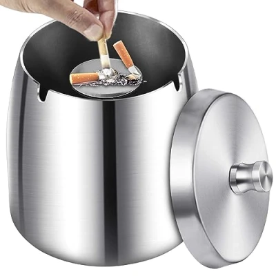 Image de Cendrier d&#039;extérieur avec couvercle à cigarettes Grand coupe vent 10 x 9 En acier inoxydable tempête antidérapant pour la maison et le bureau (argent)