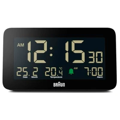 Image de Braun Réveil numérique avec Affichage de la Date, du Mois et température, écran LCD négatif, réglage Rapide, Alarme Crescendo Beep en Noir, modèle BC10B (1 Paquet)