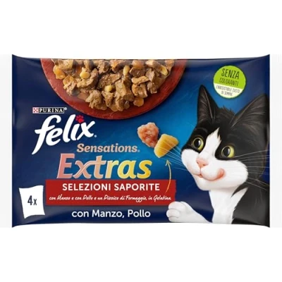 Image de Purina Felix Sensations Extras Nourriture Humide pour Chats avec bœuf et Un pincement de Fromage, Poulet Bacon, 48 sachets 85 g chacune
