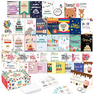 Image de Feela 40 PCS Cartes de Joyeux Anniversaire, Modèles d’Anniversaire avec Enveloppes Vierges et 48 Autocollants 2 Rubans Washi, Vœux 10x15cm pour Femmes Filles Amis Enfants
