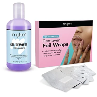 Image de Mylee Kit de Dissolvant Gel Remover 250ml Vernis à Ongles Semi Permanent + 100 Lingettes en Coton Non Pelucheuses Pré fixées sur Feuilles d&#039;Aluminium, Acétone UV &amp; LED