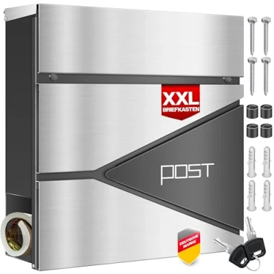 Image de KESSER® boîte aux Lettres Murale en Acier Inoxydable avec Compartiment à journaux, 2 clés verrouillables, Moderne matériel de Montage, Couvercle Softclose, Anthracite argenté