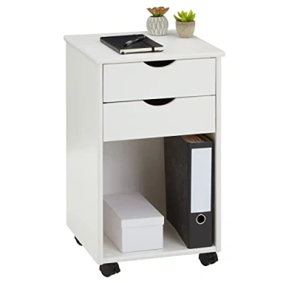 Image de IDIMEX Caisson de Bureau Kano, Meuble Rangement sur roulettes avec 2 tiroirs et 1 Niche, en pin Massif lasuré Blanc