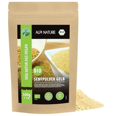 Image de Poudre de moutarde bio jaune blanc, farine jaune, graines moulues issues l&#039;agriculture biologique certifiée, (500 GR)
