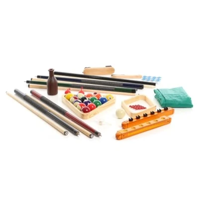Image de WilTec Accessoires de Billard Tout en Un Set Complet 4 Queues Triangle Support Mural Boules Brosses