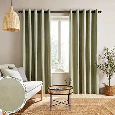 Image de Catherine Lansfield Paire de Rideaux à œillets en Chambray Coton Teint Vert Sauge 228 x cm