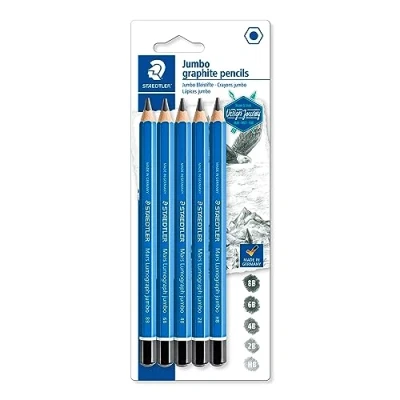 Image de Staedtler Mars Lumograph Jumbo, crayons à papier gros module de haute qualité pour écriture et dessin, Étui blister avec 5 8B/6B/4B/2B/HB, 100J S BK5