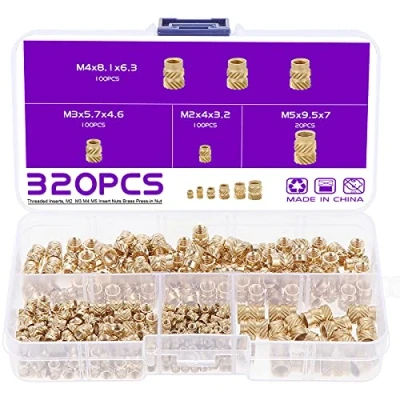 Image de Gueenky 320 Pièces Écrous Moletés en Laiton, M2 M3 M4 M5 Insert Fileté Filetage Femelle, 4 Tailles Douilles Filetées Moleté Laiton Injection Moulage pour Impression 3D
