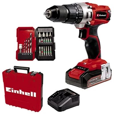 Image de Einhell Perceuse Visseuse à percussion sans fil TE CD 18/2 Li i +22 (1x2,5 Ah) Power X Change (Li Ion 18 V, Couple 44 Nm ) Livré avec Batterie 2,5 Ah, Chargeur rapide et 22 Accessoires