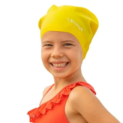 Image de Limmys Bonnet de Bain Enfants Cheveux Long 100% Silicone Qualité Supérieure, Extensible Confortable Piscine Disponible en Plusieurs Couleurs (Jaune)