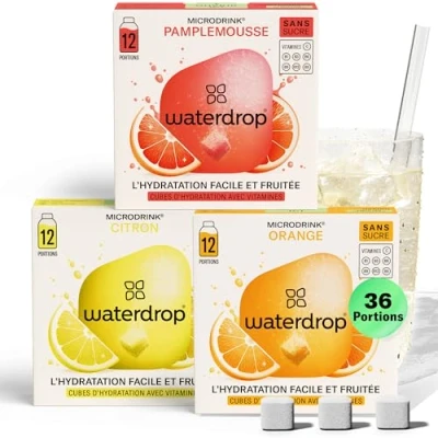 Image de Coffret Microdrink waterdrop® Orange, Citron et Pamplemousse36 cubes effervescents sans sucre pour aromatiser l&#039;eau Extraits de fruits plantes, Eau Aromatisée, infusion à froid