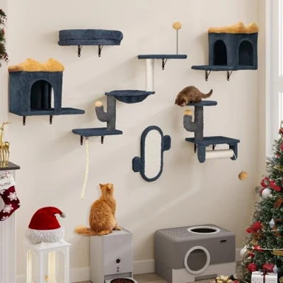 Image de YITAHOME Ensemble de 7 Murs d&#039;escalade pour Chats, Cadre en Peluche Robuste Tours Jeu Chats avec Maison, Hamac Chat et Boule Suspendue, Gris foncé Jaune