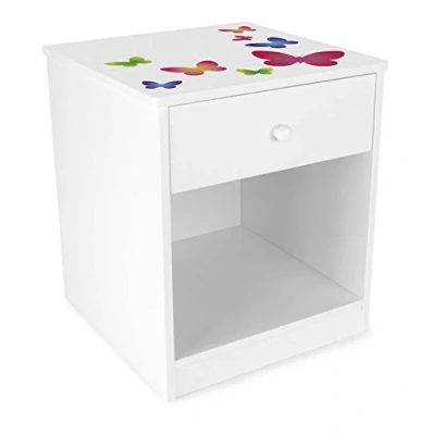Image de Leomark Chevet avec Un tiroir Blanc Table de Nuit casier 1 et Niche Petite Commode pour Enfant Hauteur 40 cm Motif Papillons