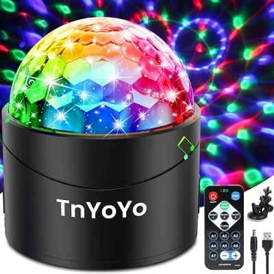 Image de Boule Disco, Lumière de fête Contrôle Musique TnYoYo, 360 Rotation à Facette Lampe Scène, 7 Couleur Modes avec Télécommande et 3M Câble USB pour Fête/DJ/Noël/Bar/Enfants