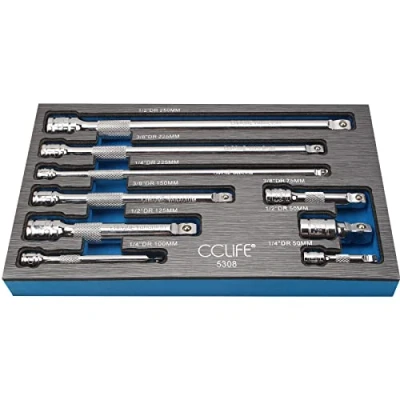 Image de CCLIFE 9pcs Jeu de Rallonge Cliquet 1/2&#039; 1/4&#039; 3/8&#039;, Rallonges basculant pivotant à 15, Matériaux CR V mat surface avec moletage longueur 50 250mm