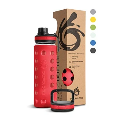 Image de Hydro2Go® Gourde en Verre avec Couvercle Silicone 550 ML va au Lave Vaisselle 2 couvercles interchangeables 100% étanche