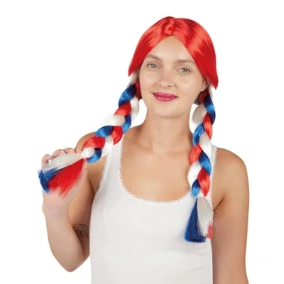 Image de P&#039;tit Clown re32579, Perruque avec Tresses Bleu, Blanc et Rouge